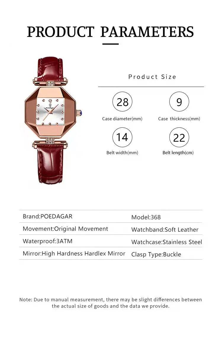 Quartz Watch Girl's Elegant Fashion Red Dial Waterproof Ladies Leather Watches Women High Quality