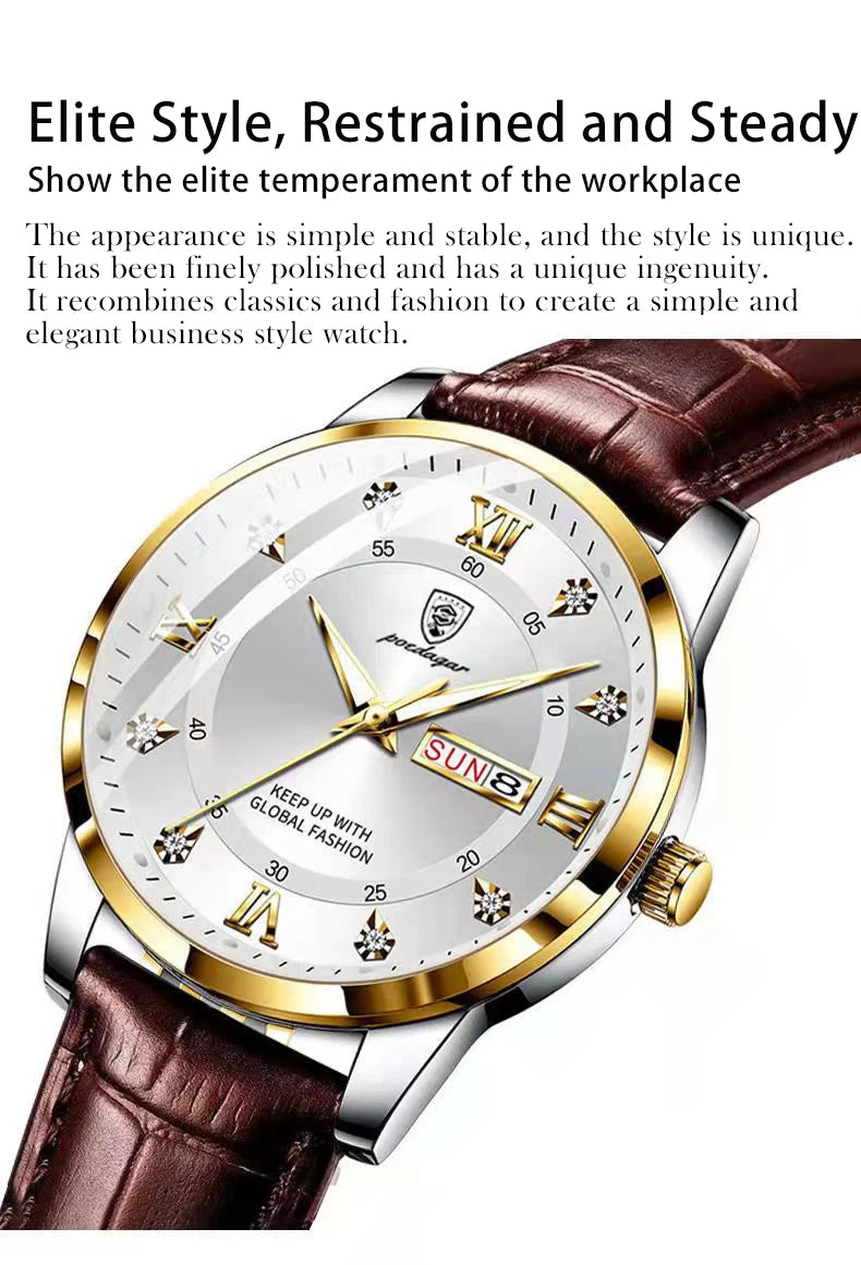 POEDAGAR Men Watch Fashion High Quality Leather Watches Waterproof Luminous Week Date Top Brand Luxury Quartz Man Wristwatch