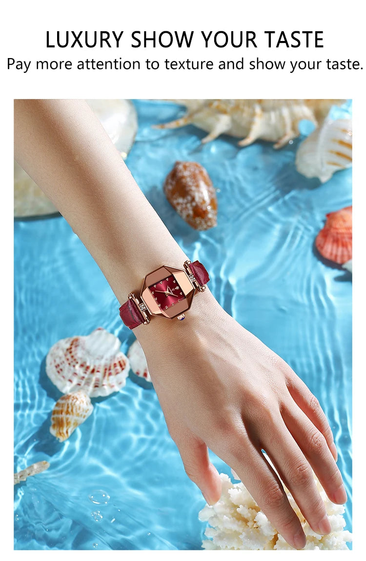 POEDAGAR Women Watches Fashion Square Diamond Wine Red Leather Quartz Watch Luxury Rose Gold Waterproof Ladies Wristwatch Gift