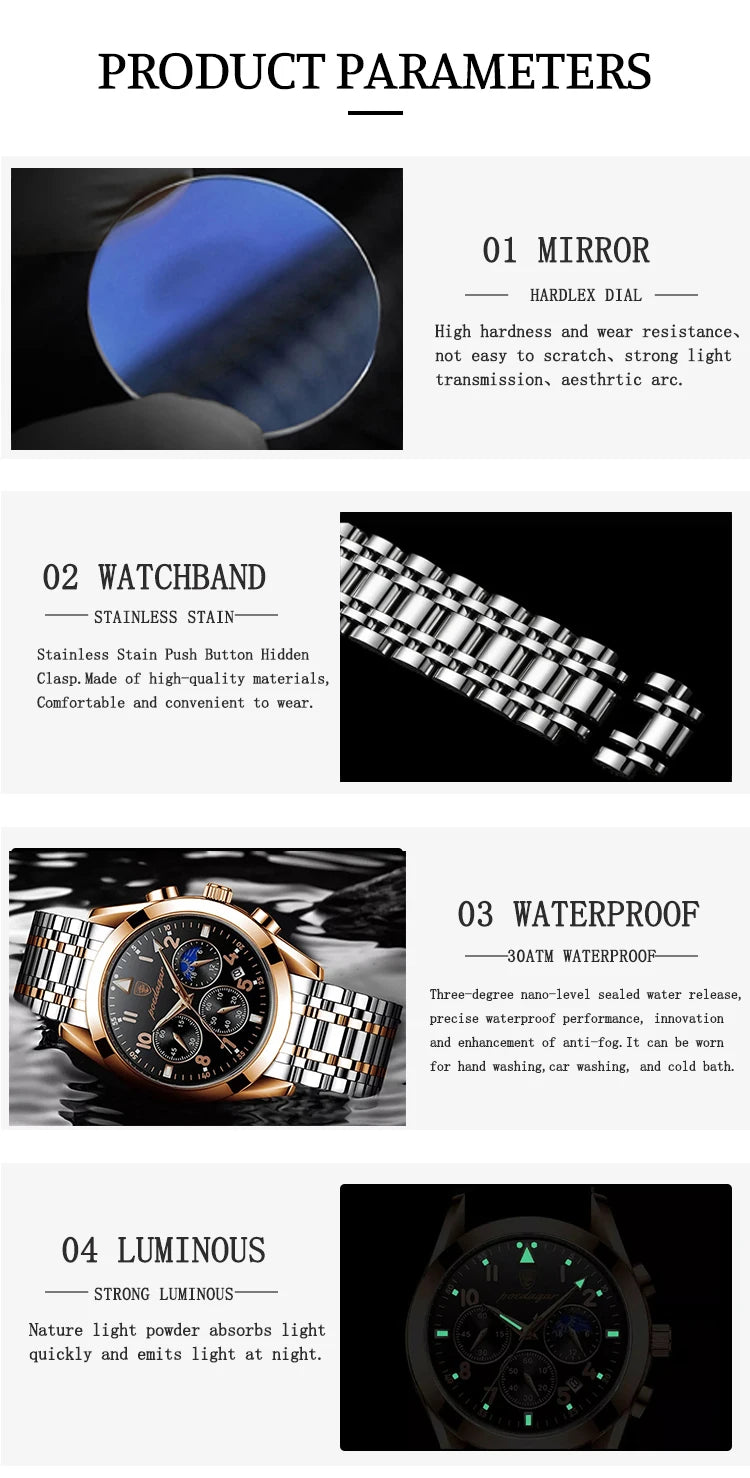 POEDAGAR Men Watches Stainless Steel Time Chronograph 2022 Fashion New Rose Gold Wristwatch Waterproof Luminous Quartz Watches