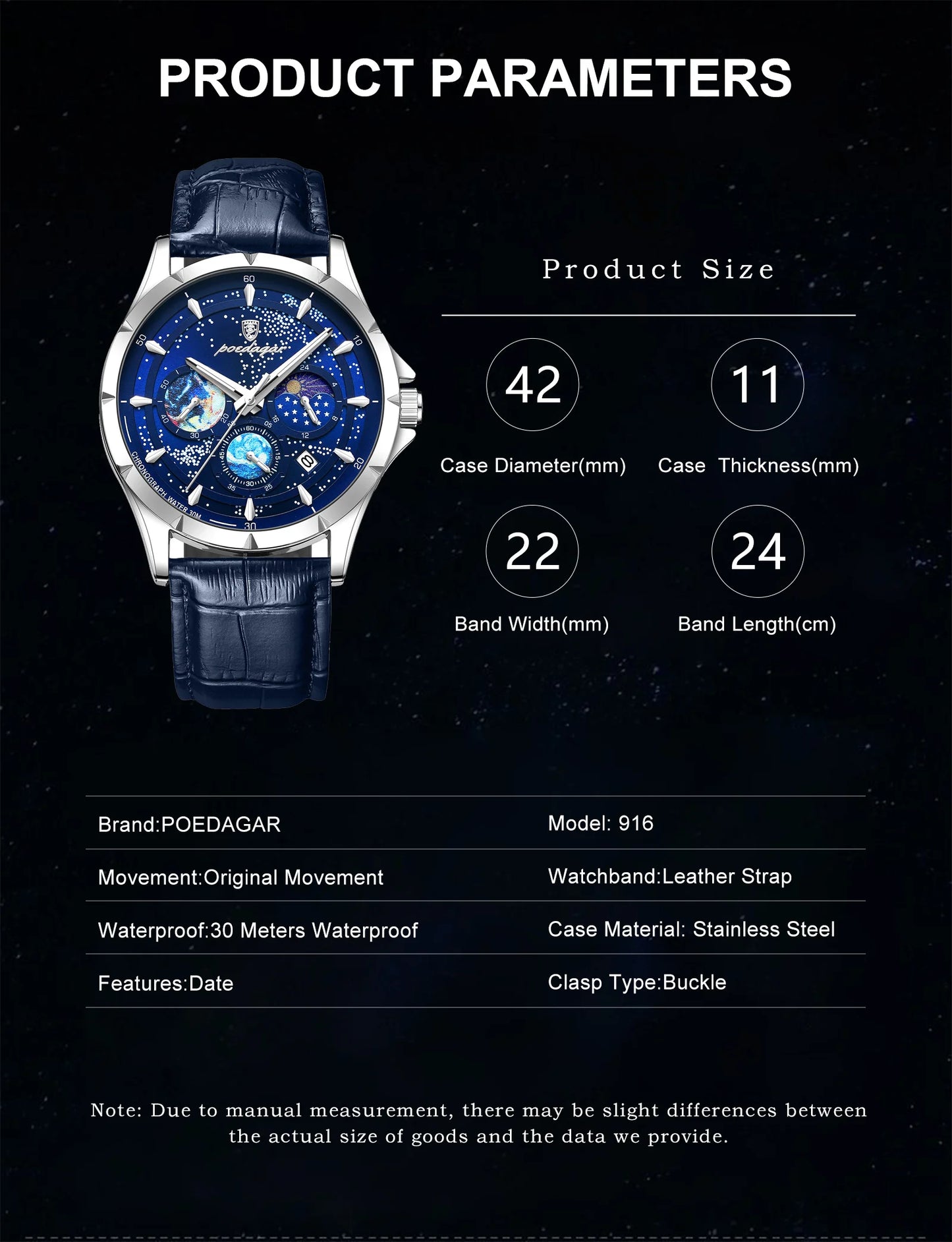 POEDAGAR Luxury Man Wristwatch Business Starry Sky Quartz Men Watch Waterproof Luminous Chronograph Date Men's Watches Leather