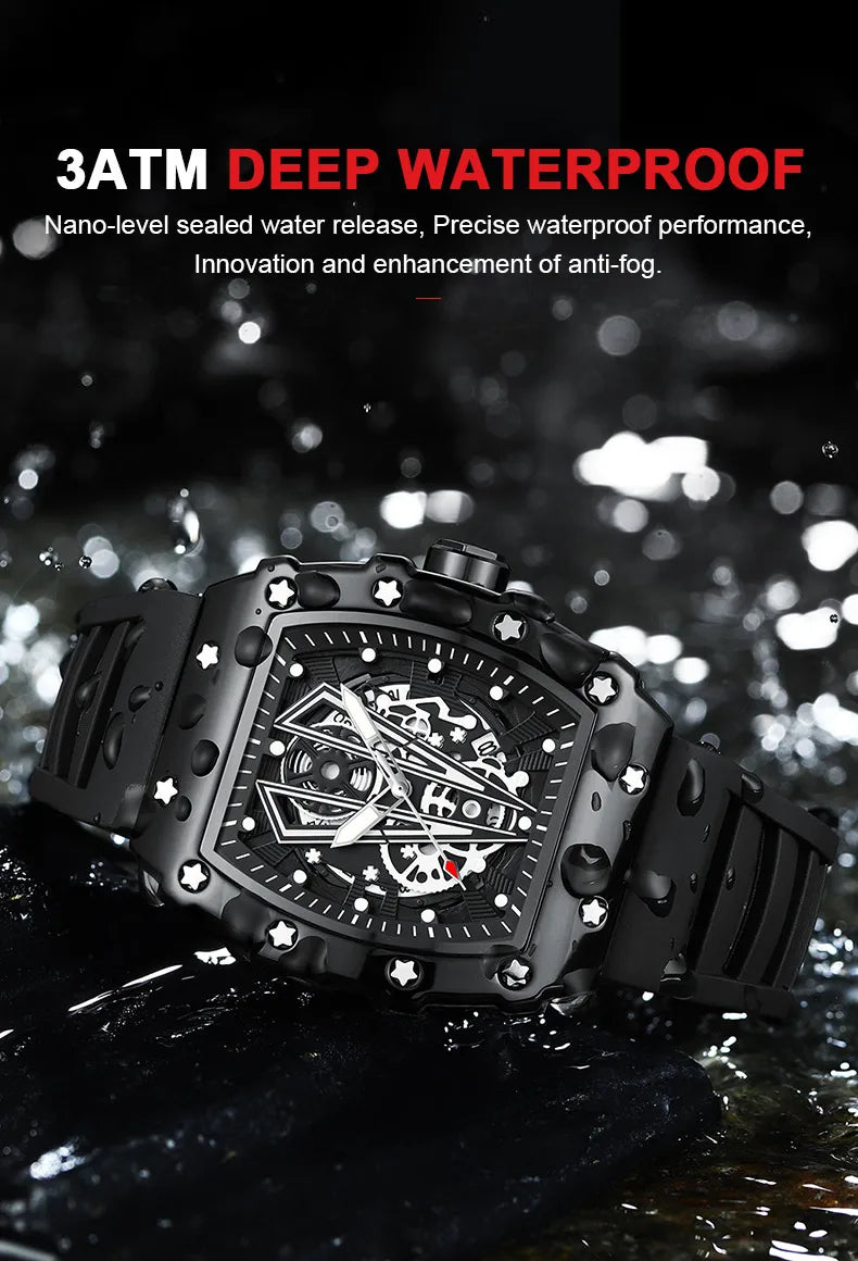 POEDAGAR Fashion Hollow Dial Watch Sport Top Brand Tonneau Waterproof Luminous Calendar Silicone Strap Men Watches Reloj Hombre