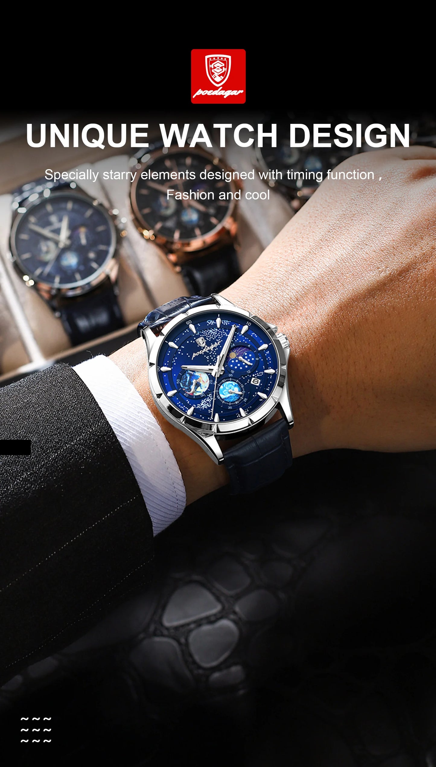 POEDAGAR Luxury Man Wristwatch Business Starry Sky Quartz Men Watch Waterproof Luminous Chronograph Date Men's Watches Leather