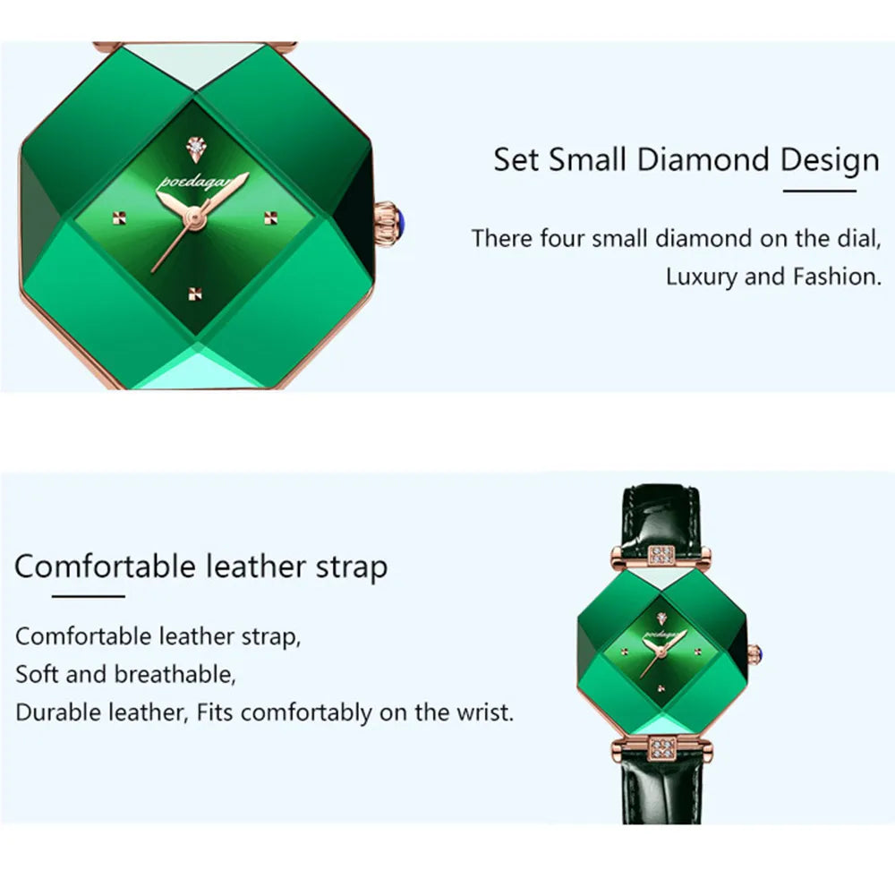 POEDAGAR High Quality Luxury Women's Watch Diamond Quartz Waterproof Ladies Green Leather Watches Fashion Exquisite DropShipping