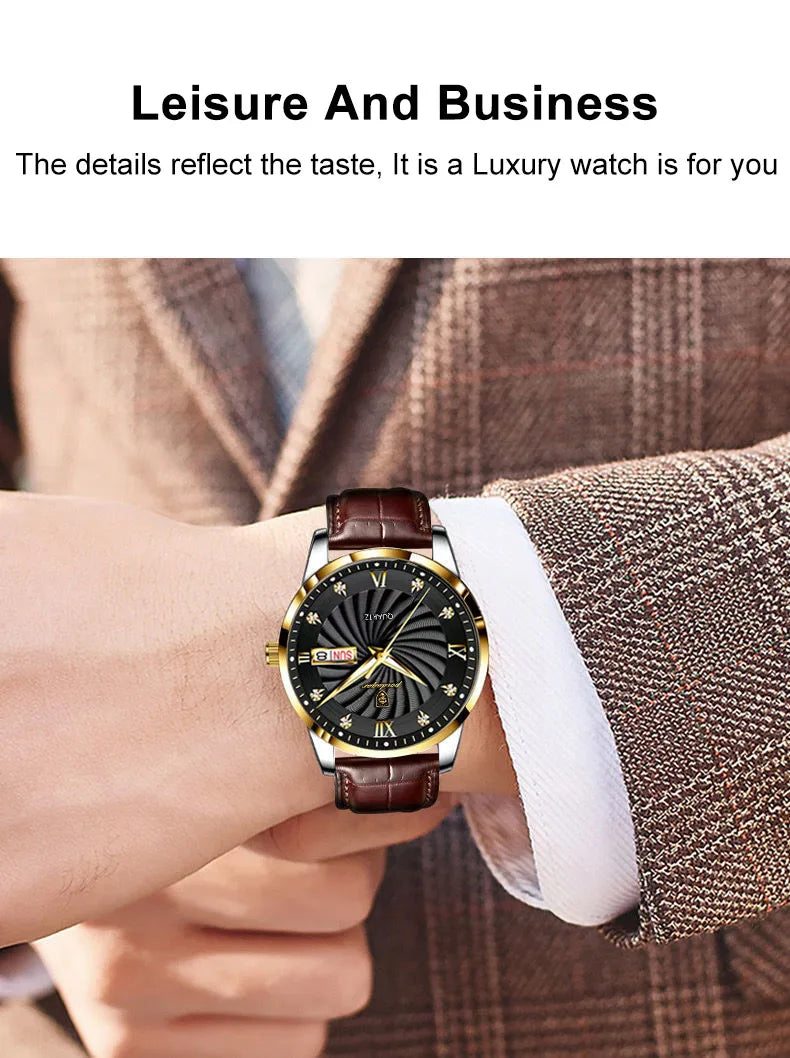 POEDAGAR High Quality Men's Watch Fashion Luxury Casual Belt Leather Strap Date Week Luminous Waterproof Quartz Men Watches+Box