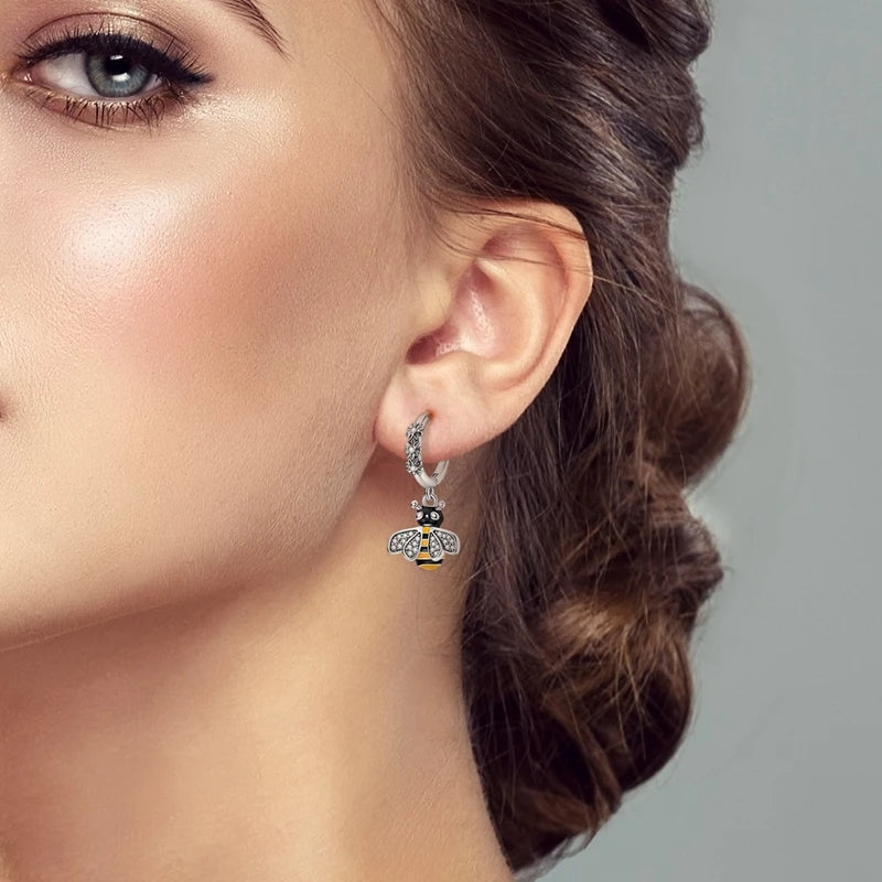 Silver Bee Series Hoops Inlaid Zircon Earrings For Women Fashion Wedding Party Gift fine Jewelry