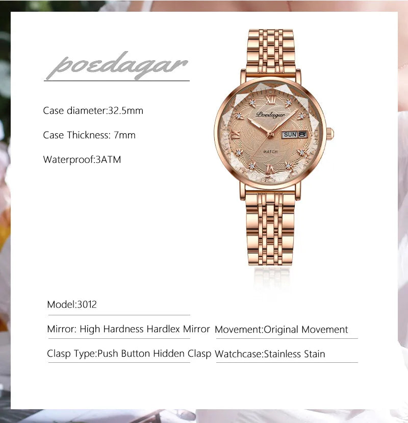 POEDAGAR Fashion Dress Watch Luxury Elegant Waterproof Luminous Date Week Quartz Women's Watches Gift Casual relojes para mujer