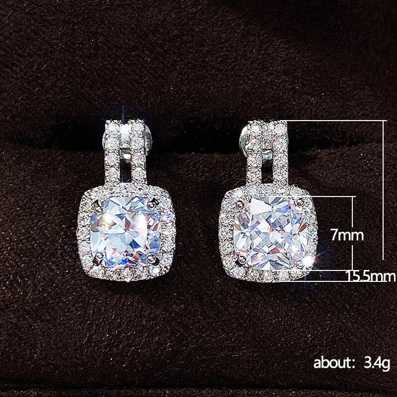 Luxury White Cubic Zirconia Square Silver Color Stud Earrings for Women Shinny Statement Party Jewelry