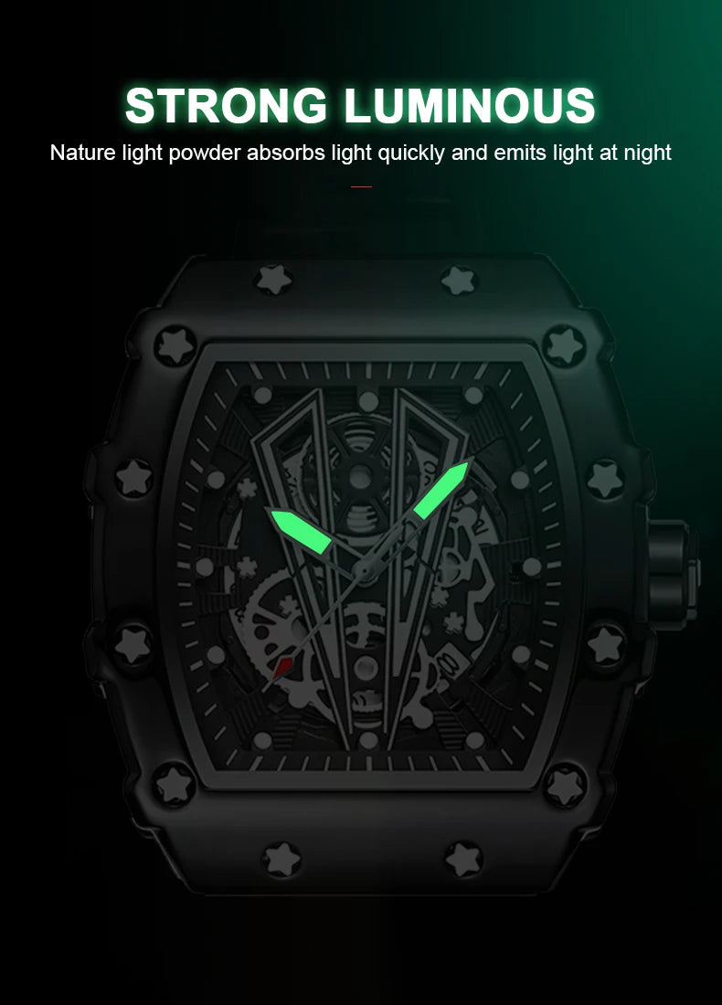 POEDAGAR Fashion Hollow Dial Watch Sport Top Brand Tonneau Waterproof Luminous Calendar Silicone Strap Men Watches Reloj Hombre