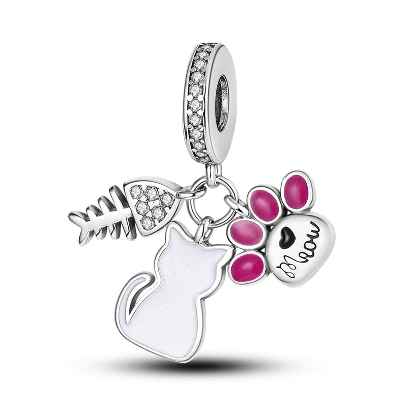 Cute Cat & Dog Charms Beads Pendant 925 Sterling Silver Fit DIY Bracelets Gift