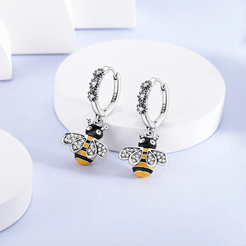 Silver Bee Series Hoops Inlaid Zircon Earrings For Women Fashion Wedding Party Gift fine Jewelry