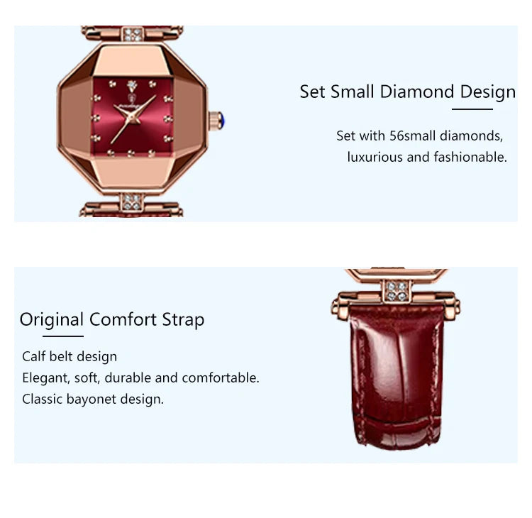 POEDAGAR Women Watches Fashion Square Diamond Wine Red Leather Quartz Watch Luxury Rose Gold Waterproof Ladies Wristwatch Gift