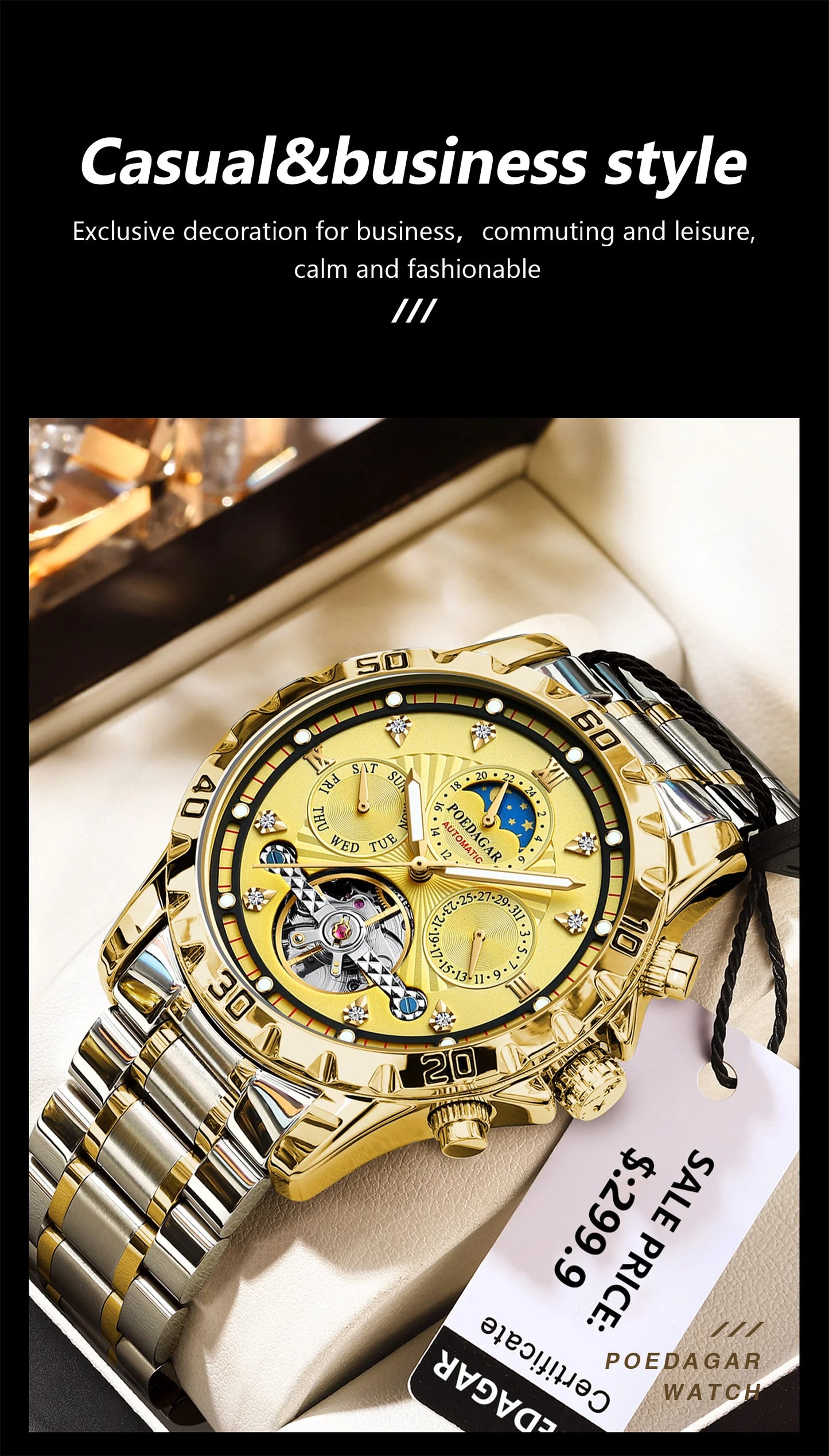 POEDAGAR Luxury Automatic Mechanical Watch Tourbillon Waterproof Luminous Date Week Men Wristwatch Stainless Steel Men's Watches