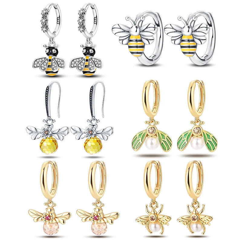 Silver Bee Series Hoops Inlaid Zircon Earrings For Women Fashion Wedding Party Gift fine Jewelry