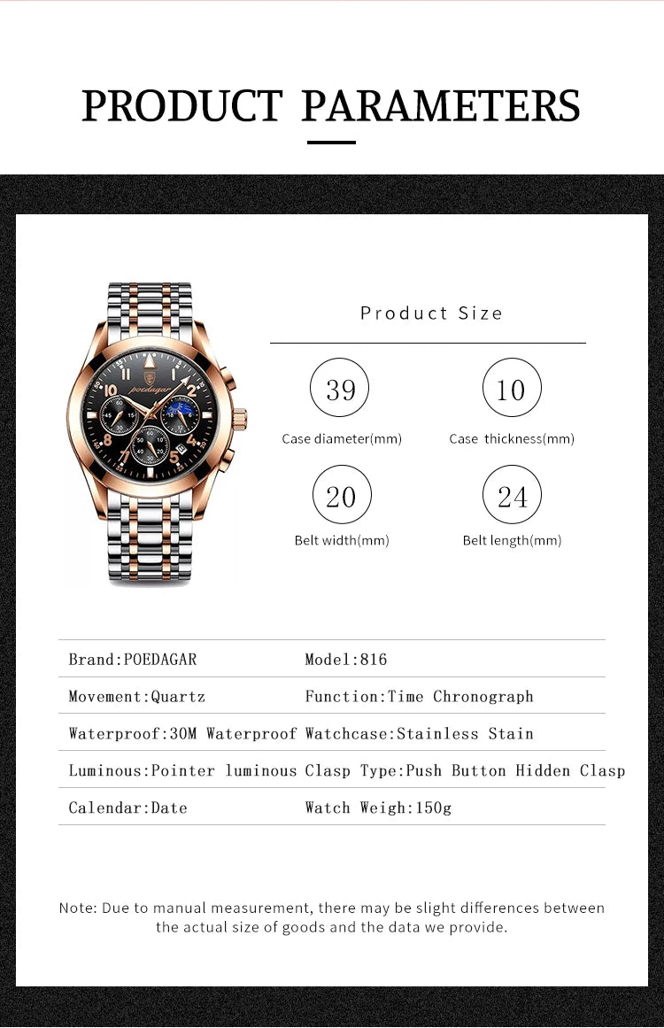 POEDAGAR Men Watches Stainless Steel Time Chronograph 2022 Fashion New Rose Gold Wristwatch Waterproof Luminous Quartz Watches