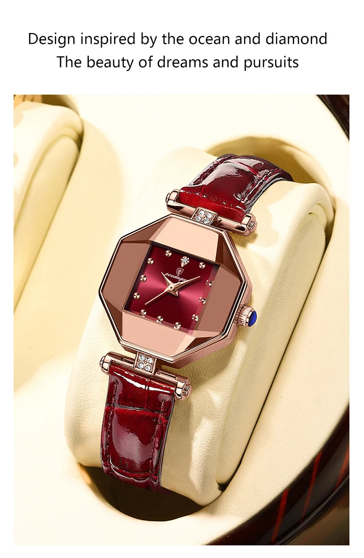 POEDAGAR Women Watches Fashion Square Diamond Wine Red Leather Quartz Watch Luxury Rose Gold Waterproof Ladies Wristwatch Gift