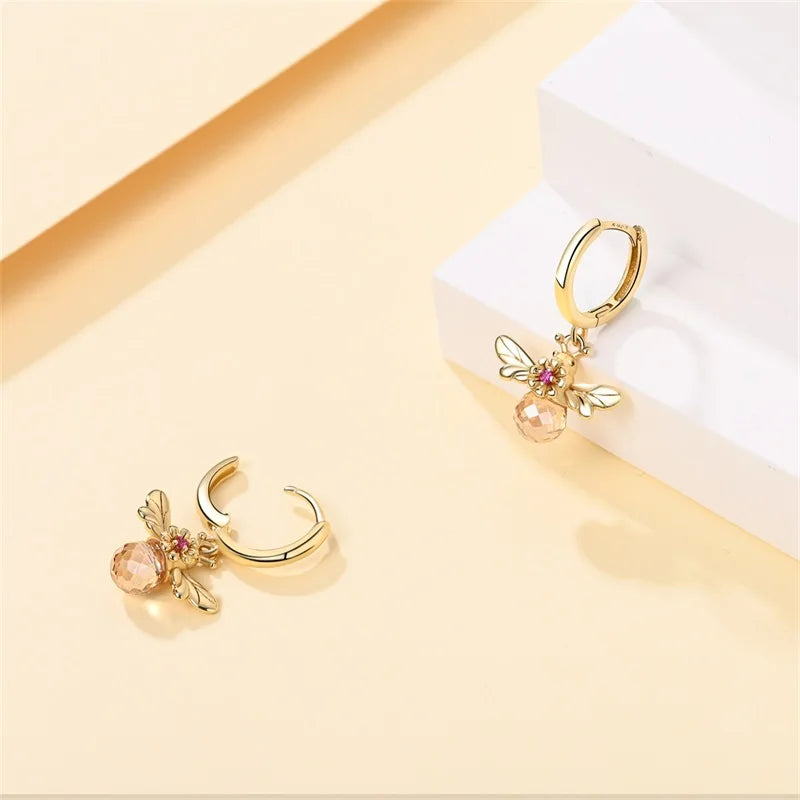 Silver Bee Series Hoops Inlaid Zircon Earrings For Women Fashion Wedding Party Gift fine Jewelry