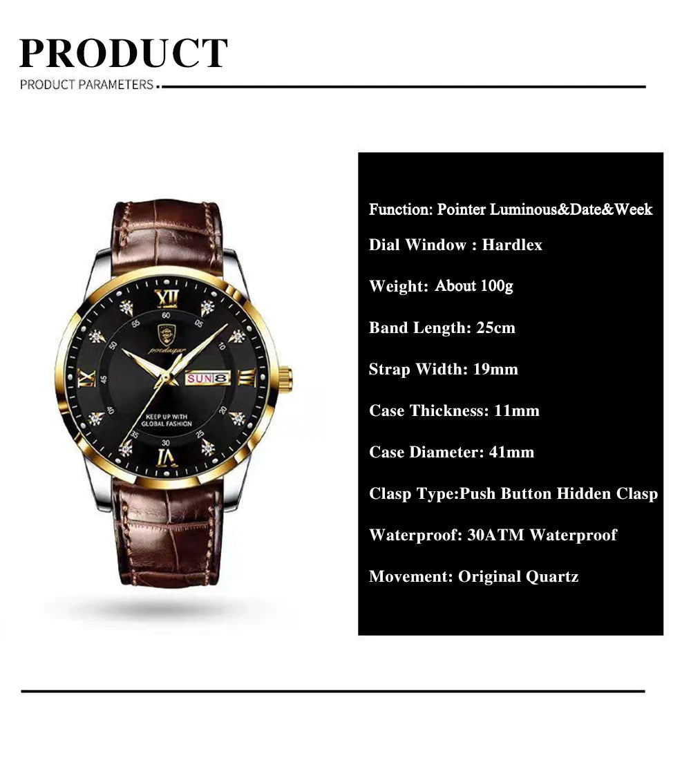 POEDAGAR Men Watch Fashion High Quality Leather Watches Waterproof Luminous Week Date Top Brand Luxury Quartz Man Wristwatch