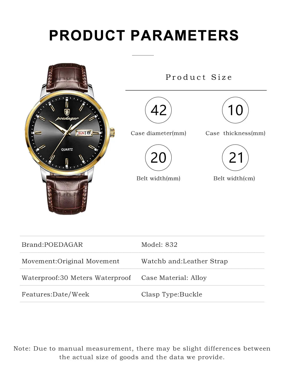 POEDAGAR Men Watch Business Quartz Watches Fashion Leather Waterproof Luminous Week Date Top Brand Luxury Men's Wristwatch Gift