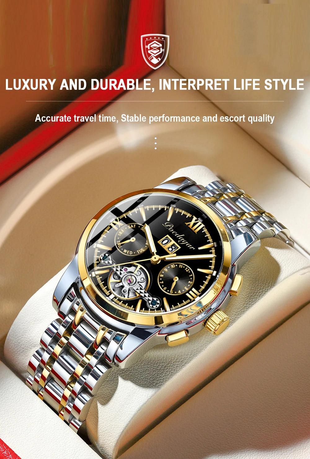 POEDAGAR Automatic Mechanical Man Wristwatch Hollow Tourbillon Stainless Steel Men Watch Waterproof Luminous Date Men's Watches