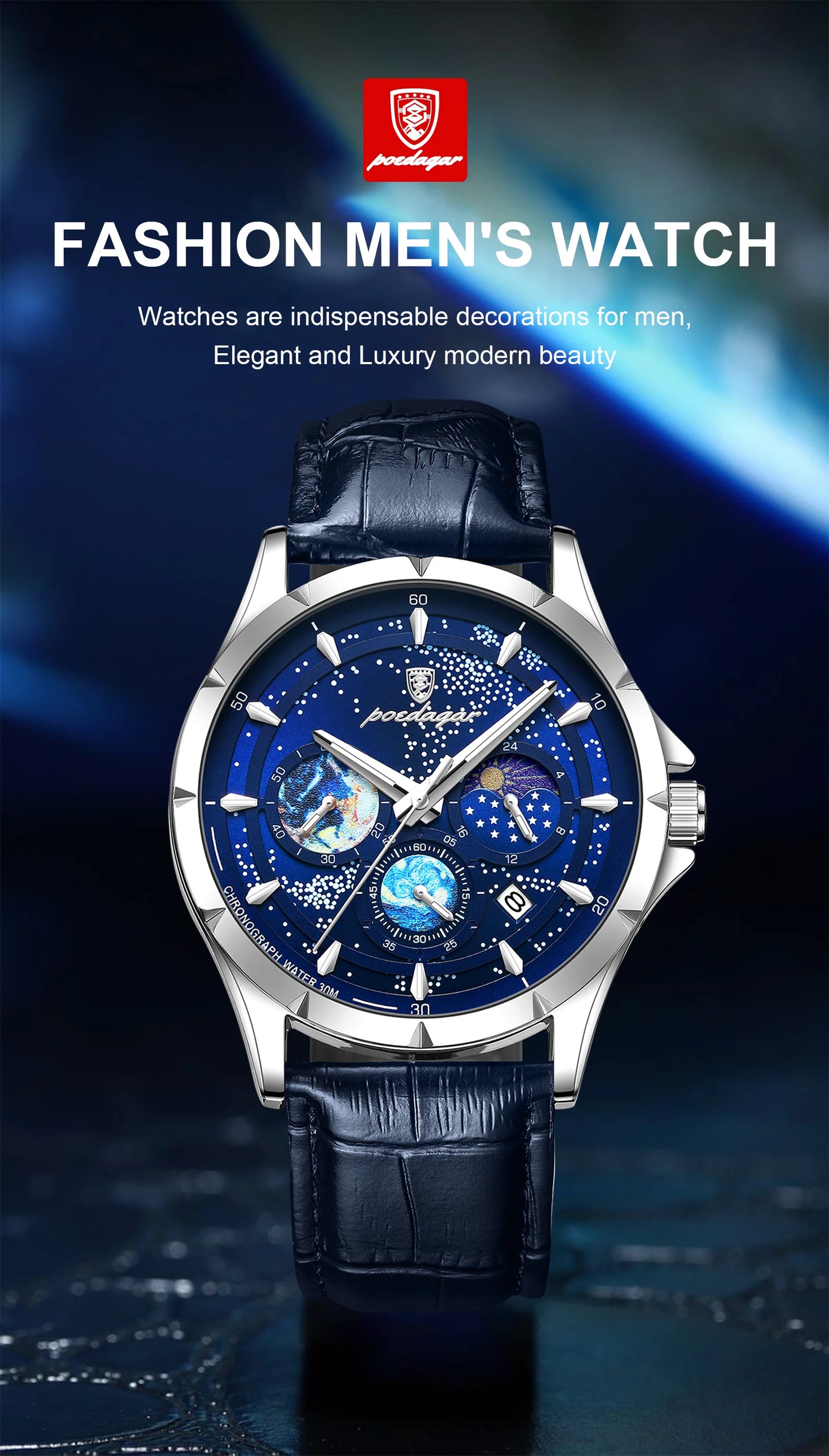 POEDAGAR Luxury Man Wristwatch Business Starry Sky Quartz Men Watch Waterproof Luminous Chronograph Date Men's Watches Leather