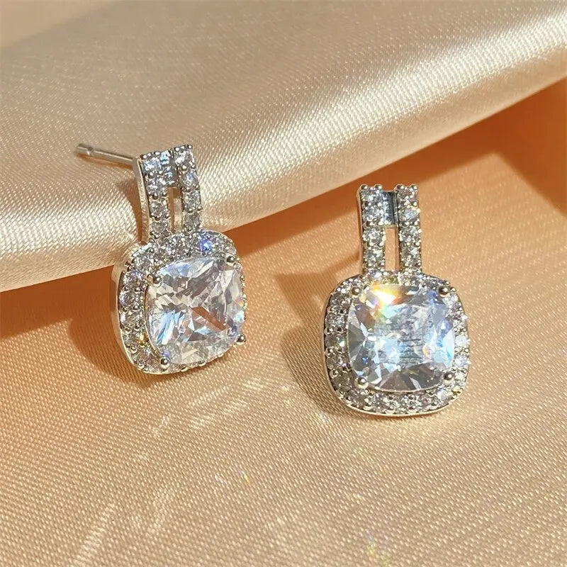 Luxury White Cubic Zirconia Square Silver Color Stud Earrings for Women Shinny Statement Party Jewelry