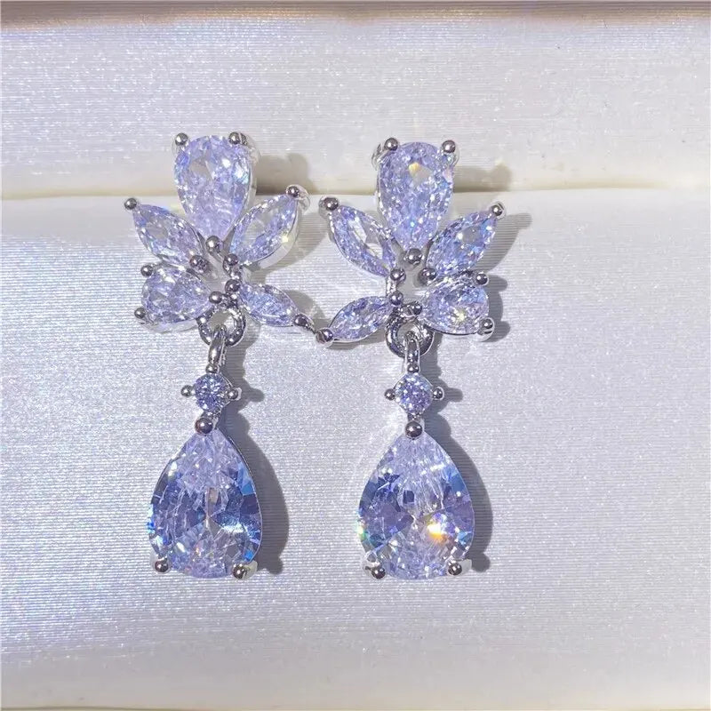 New Luxury Water Drop Silver Color Cubic Zirconia Earrings for Women Fashion Bridal Dangle Marriage Wedding Jewelry