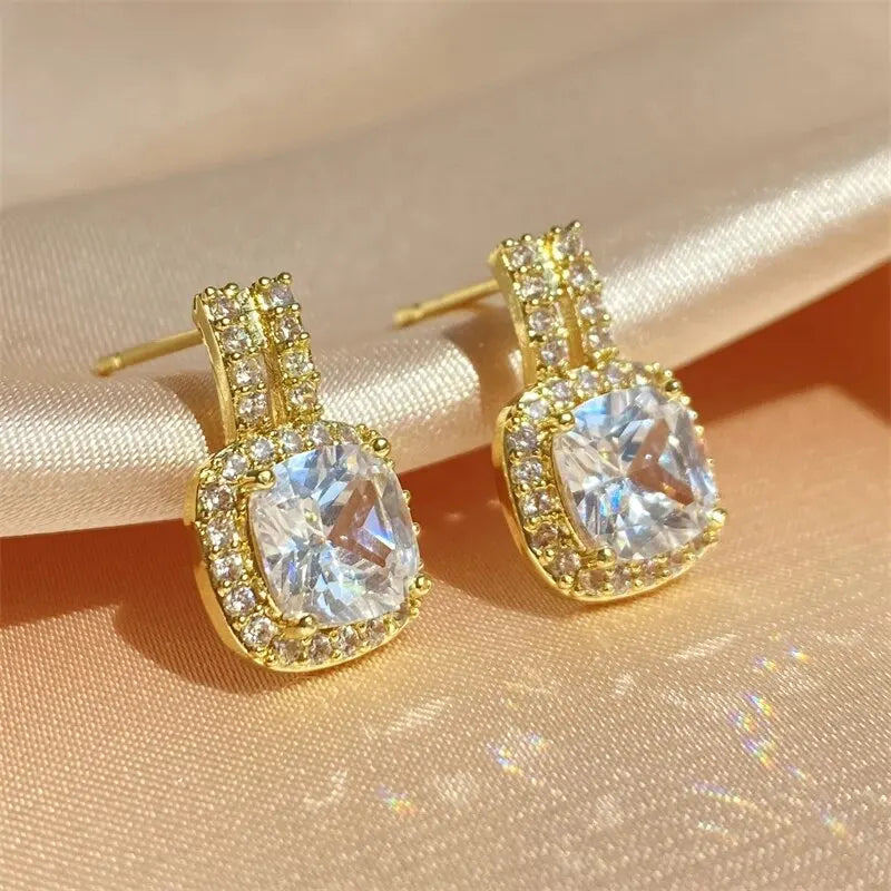 Luxury White Cubic Zirconia Square Silver Color Stud Earrings for Women Shinny Statement Party Jewelry