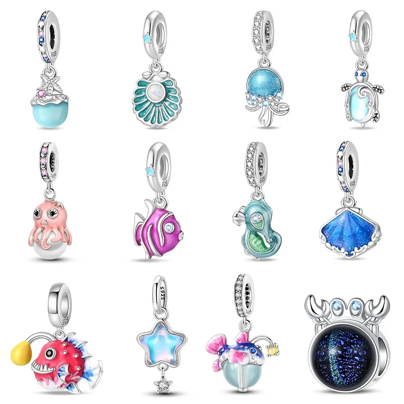 Summer Ocean Series  Silver Blue Luminous Jellyfish Seashells Fish Charms Beads Fit charm Bracelets