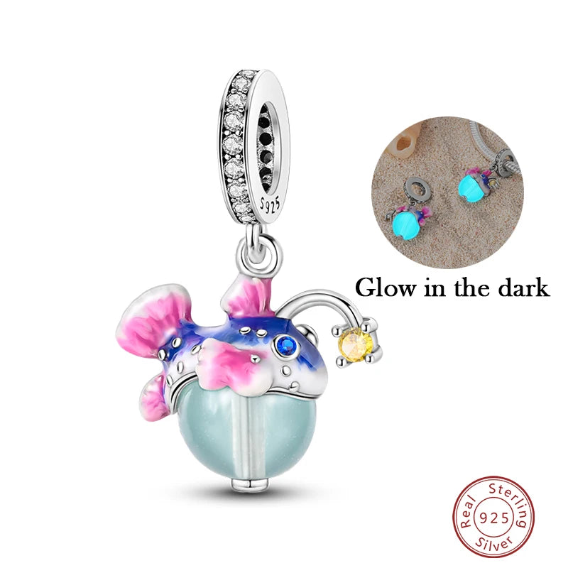 Summer Ocean Series  Silver Blue Luminous Jellyfish Seashells Fish Charms Beads Fit charm Bracelets