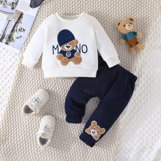 Cartoon Bear Baby Outfit - Long Sleeve Tee & Navy Pants Set