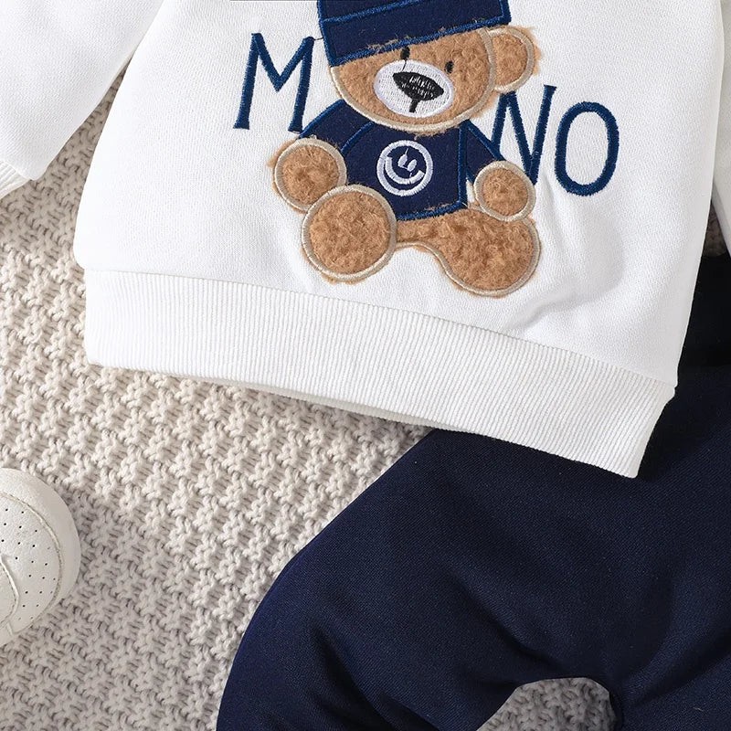 Cartoon Bear Baby Outfit - Long Sleeve Tee & Navy Pants Set