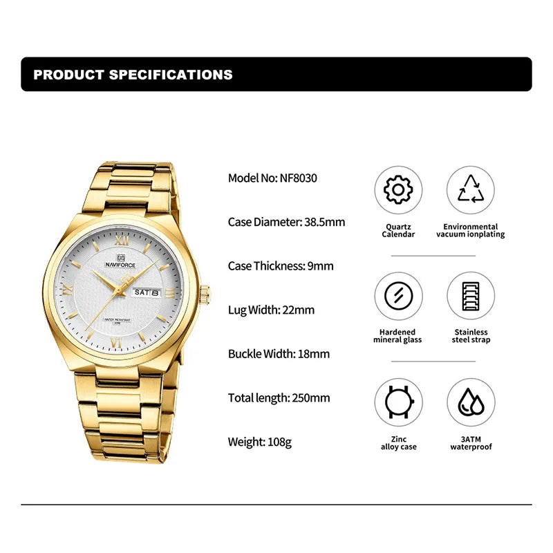 High Quality Men Watch Fashion Stainless Steel Waterproof Week Date Quartz Wristwatch