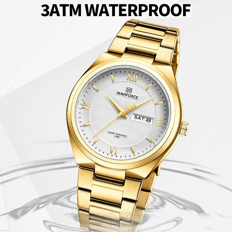 High Quality Men Watch Fashion Stainless Steel Waterproof Week Date Quartz Wristwatch