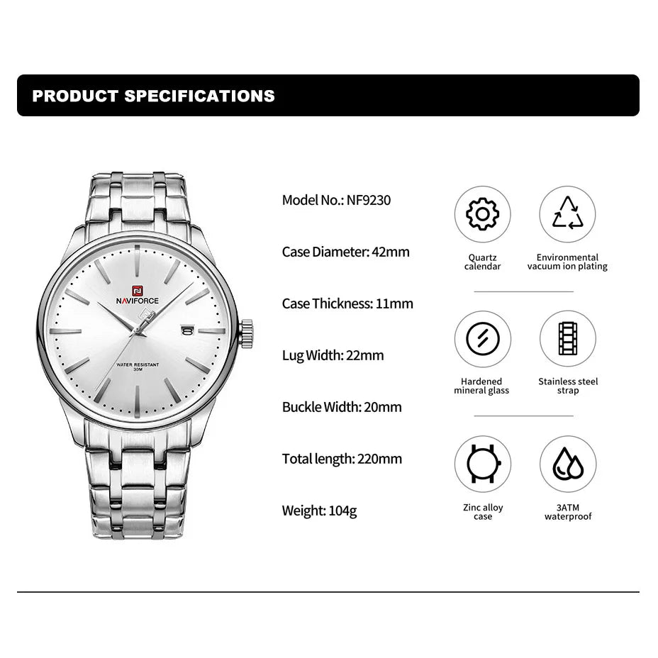 Men's Calendar Watch Waterproof Fashion Business Stainless Steel Strap Quartz Wristwatches