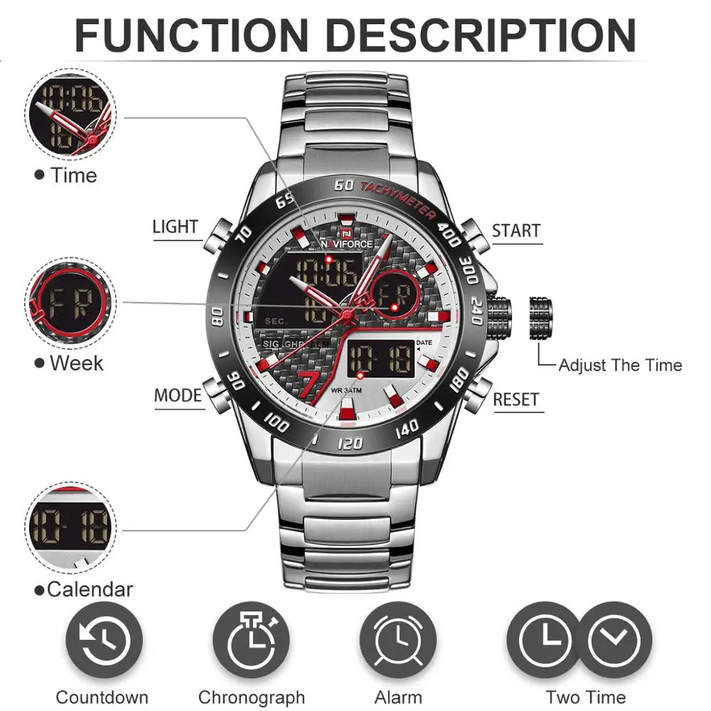 Sports Men's Watches Quartz Chronograph Analog Watch Stainless steel Military Wrist Watch For Man