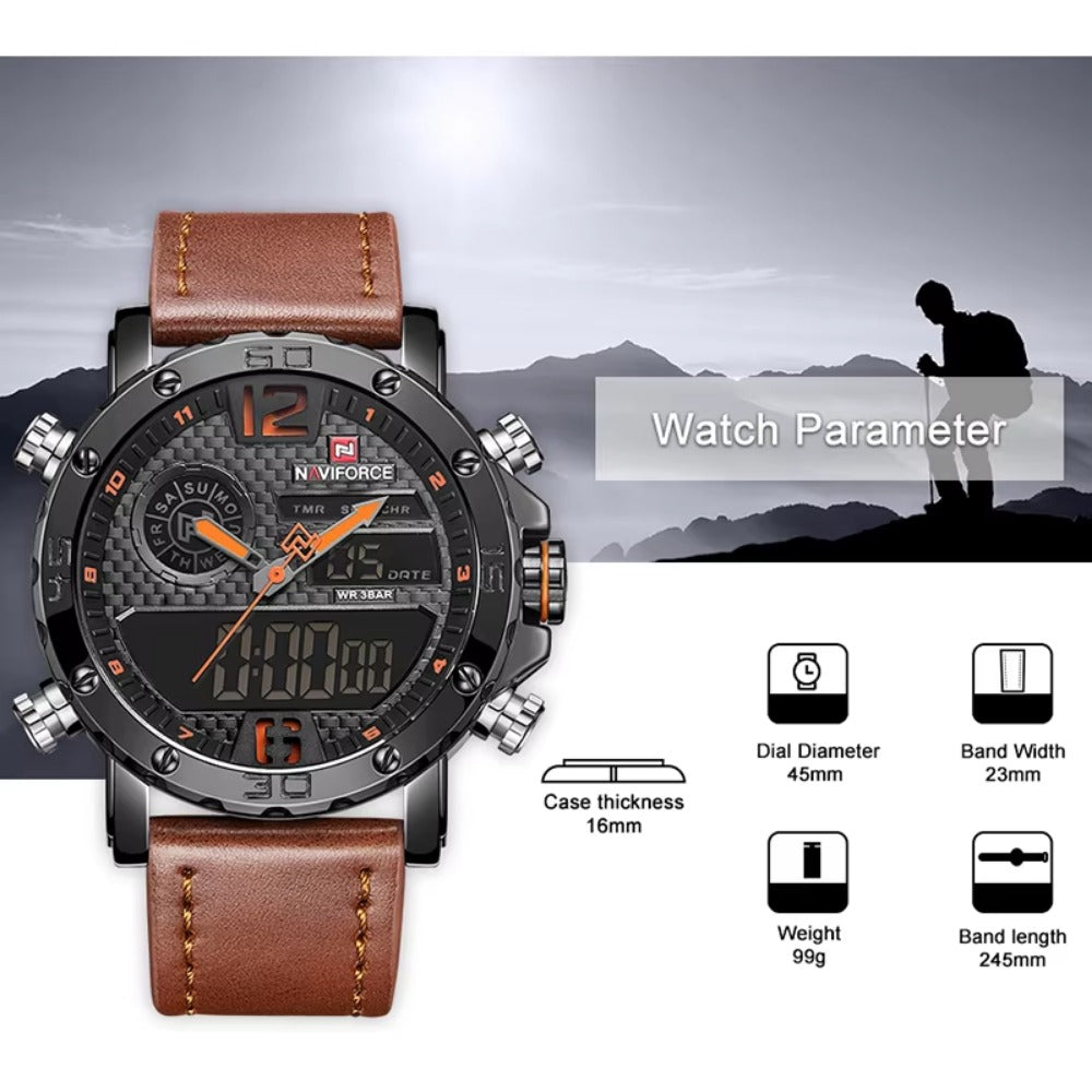 Mens Watches  Men Leather Sports Watches Men's Quartz LED Digital Waterproof Military Wrist Watch