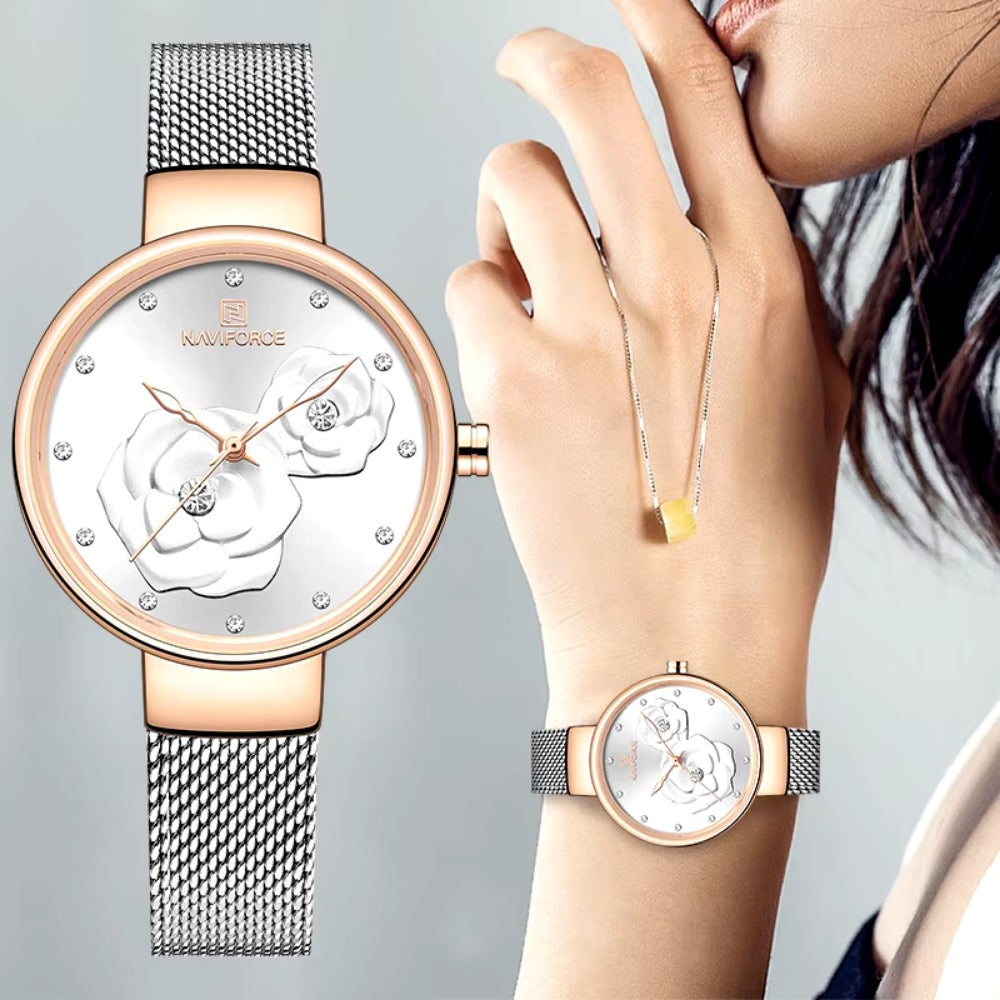 Women Watch Steel Mesh Waterproof Ladies Watches Flower Quartz Female Wristwatch Charming Girl Watch