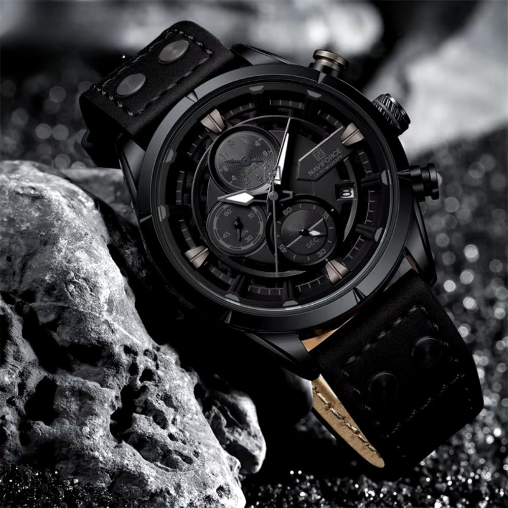 Men Watch Waterproof Genuine Leather Strap Military Sport 1/10 Second Chronograph Date Quartz Wristwatch