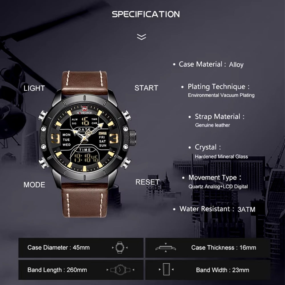 Men Leather Waterproof Quartz Wristwatches Military Sport Men’s Watches Date