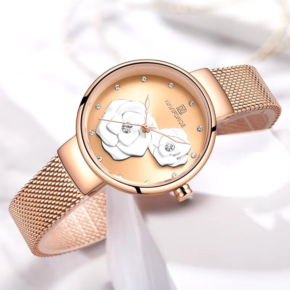 Women Watch Steel Mesh Waterproof Ladies Watches Flower Quartz Female Wristwatch Charming Girl Watch