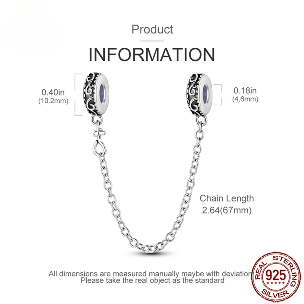 925 Sterling Silver Safety Chain Charm Fits Bracelets Women Jewellery Gift