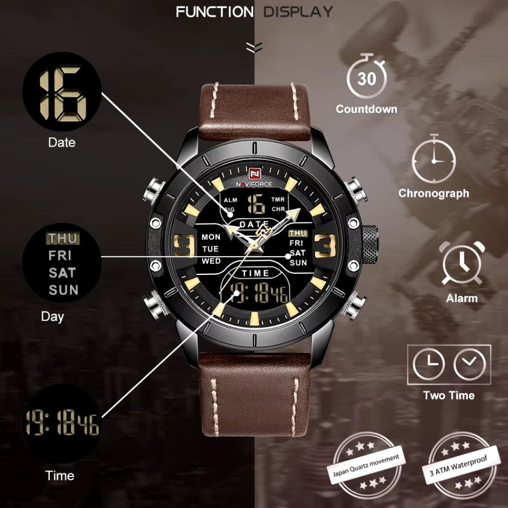 Men Leather Waterproof Quartz Wristwatches Military Sport Men’s Watches Date